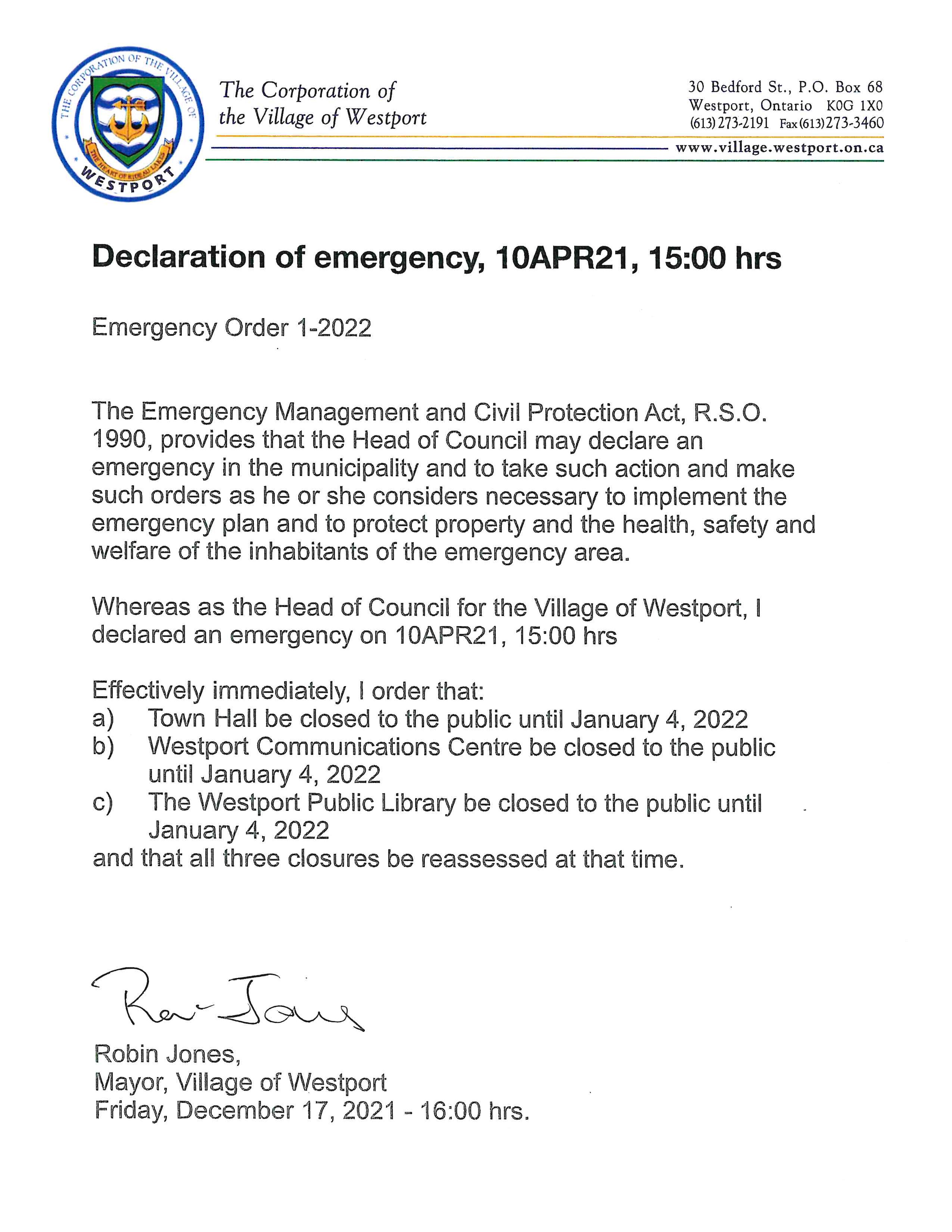 Emergency Order issued in Westport