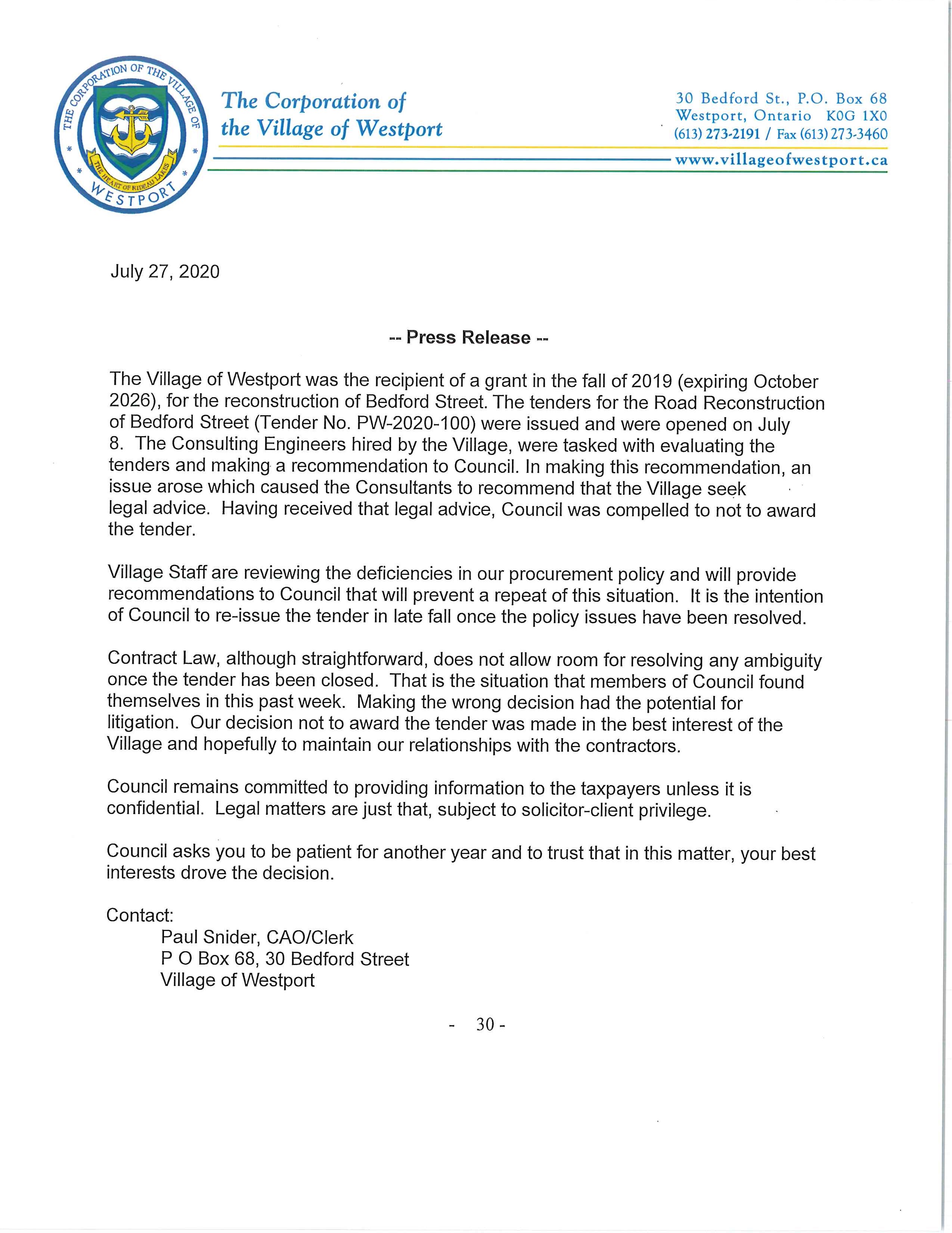 Press Release re:  Bedford Street Reconstruction